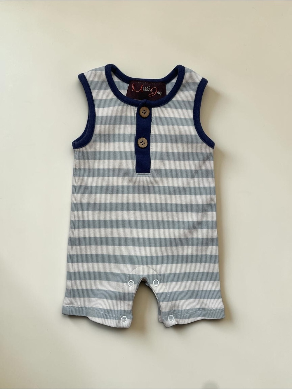 MILLIE JAY EUC Boys Neutral Ribbed Minimalist Striped Summer Romper